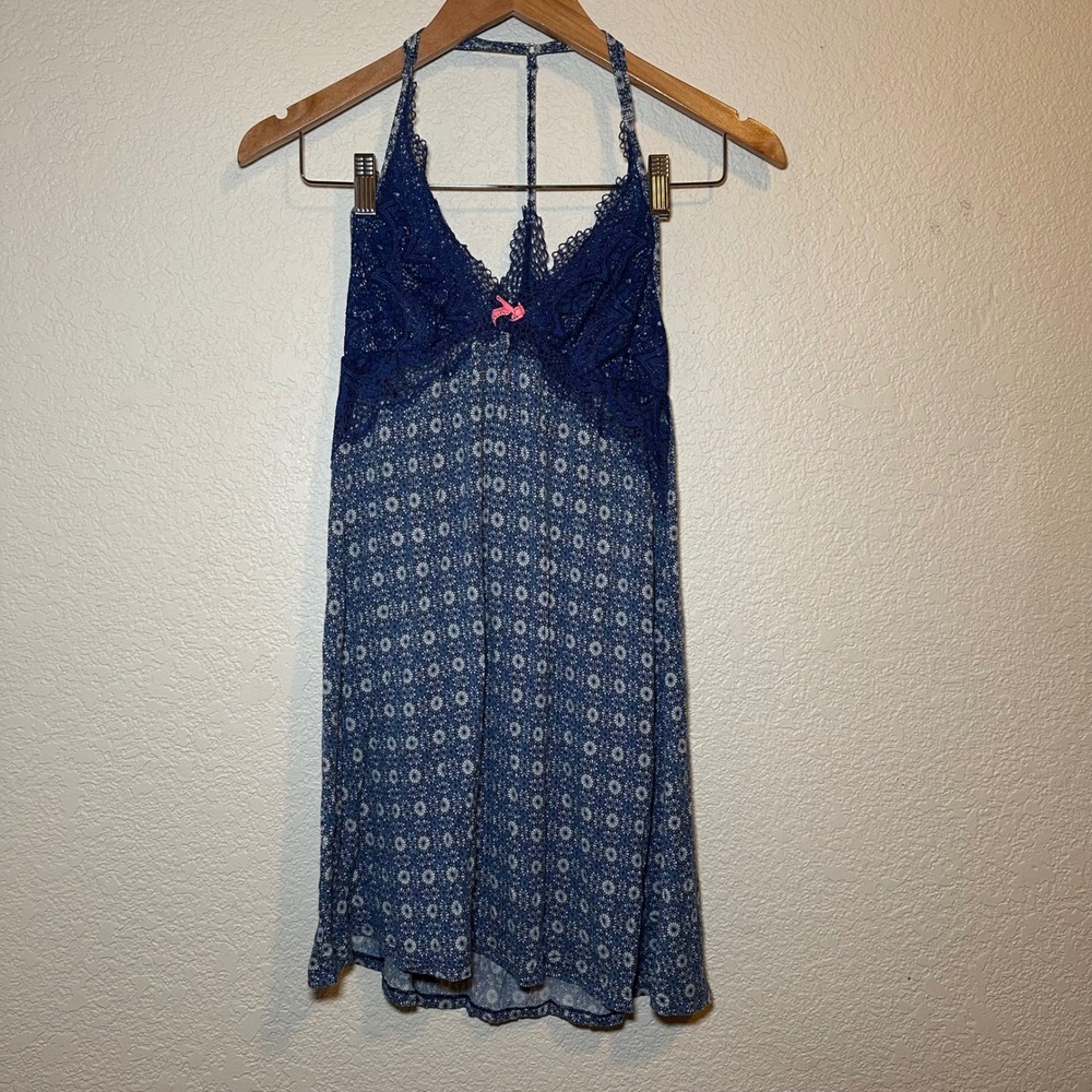 Victorias Secret Women S Top Babydoll Chemise Blue Floral Lace Bow Racerback Y2K